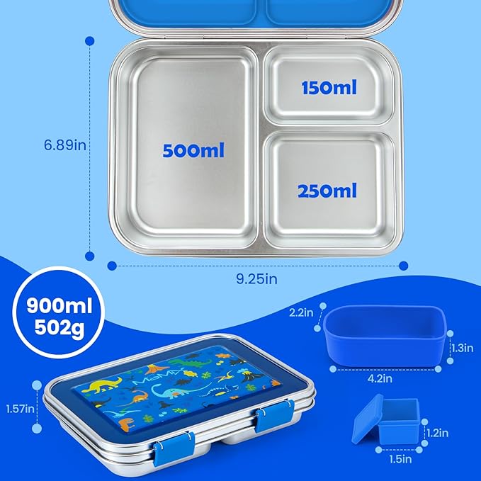 MaMix Stainless Steel Kids Lunch Box, 3 Compartments Leak-Proof Bento Box for Kids for Sandwich, Lunch Containers Freezer Safe (Blue)