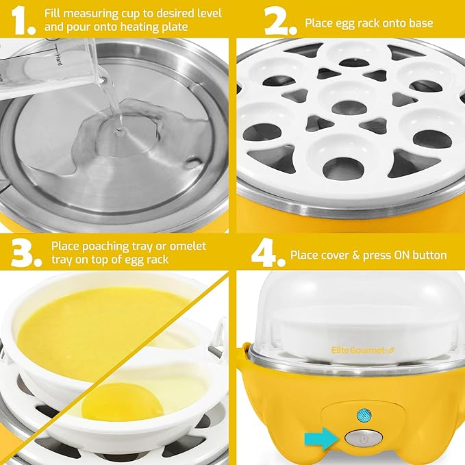 Elite Gourmet Easy Electric 7 Egg Capacity Soft, Medium, Hard-Boiled Cooker Poacher, Scrambled, Omelet Maker with Auto Shut-Off and Buzzer, BPA Free
