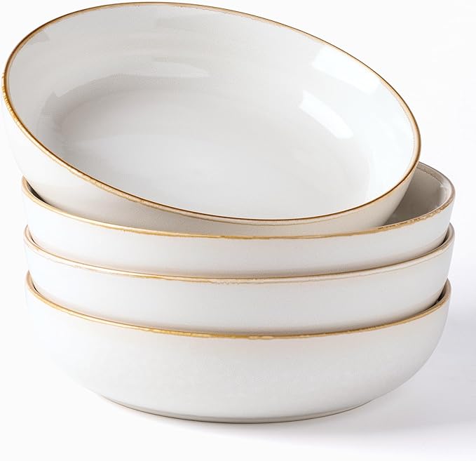 GBHOME 9'' Large Ceramic Pasta Bowls, 38oz Stoneware Pasta Serving Bowls Set of 4 for Kitchen, Wide Bowls for Fruit,Pasta,Salad,Oatmeal,Meal, Microwave Safe, Reactive Glaze-Pear White