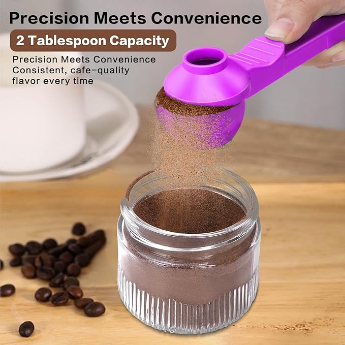 2-in-1 Coffee Scoop with Funnel, 2 Teaspoon Measuring Spoon for Reusable K Cups, Ground Coffee, Protein Powder & Tea, Mess-Free Plastic Design (Rose Red)