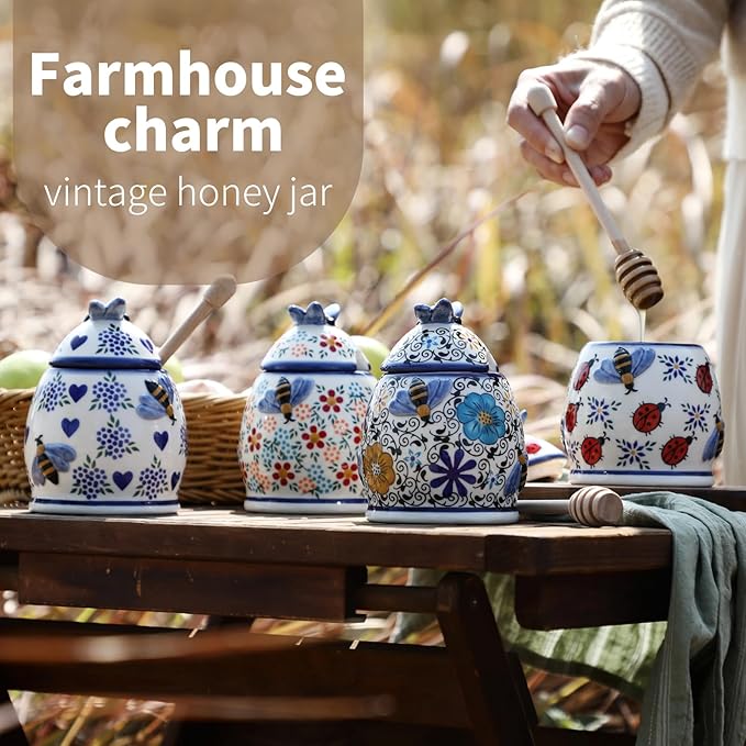 ZOOBEE Ceramic Honey Pots with Dipper and Lid Farmhouse Style,10oz Honey Jar with Dipper,Handpainted Honey Jars with Bees,Easily Wash-Deep Love