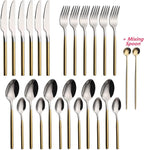 24 Piece Silverware Set For 6 Gold Handle Heavy duty 18/10 Stainless Steel Flatware Set Modern Design Knife/Fork/Spoon Mirror Polished Dishwasher Safe Cutlery Set with Gifts