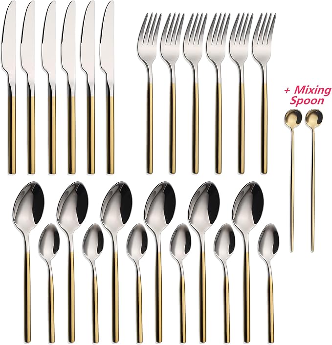 24 Piece Silverware Set For 6 Gold Handle Heavy duty 18/10 Stainless Steel Flatware Set Modern Design Knife/Fork/Spoon Mirror Polished Dishwasher Safe Cutlery Set with Gifts
