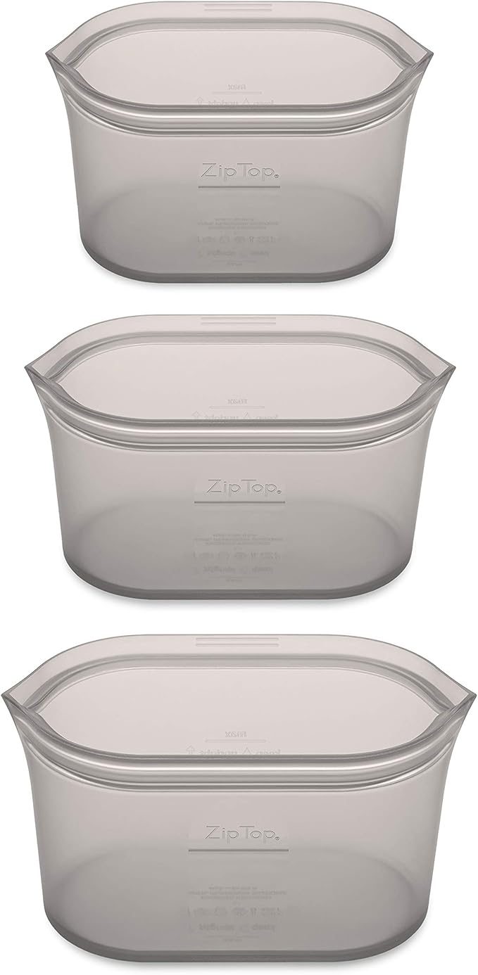 Zip Top Reusable Food Storage Bags | 3 Dish Set [Gray] | Silicone Meal Prep Container | Microwave, Dishwasher and Freezer Safe | Made in the USA