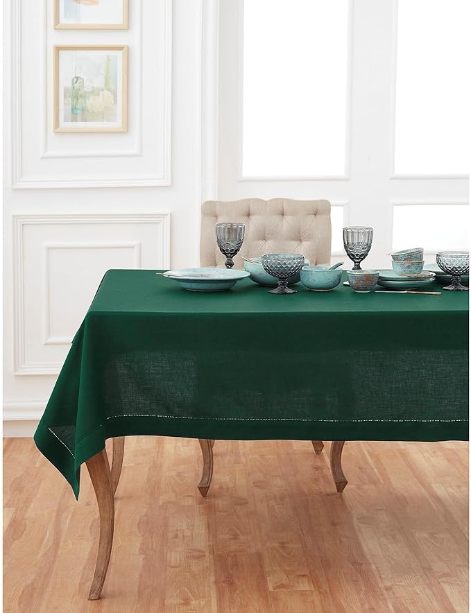 Solino Home Linen Tablecloth for Rectangle Tables 60 x 156 Inch - Classic Hemstitch 100% Pure Linen Rainforest Green Table Cloth - Machine Washable Cloth Tablecloth for Fall, Autumn