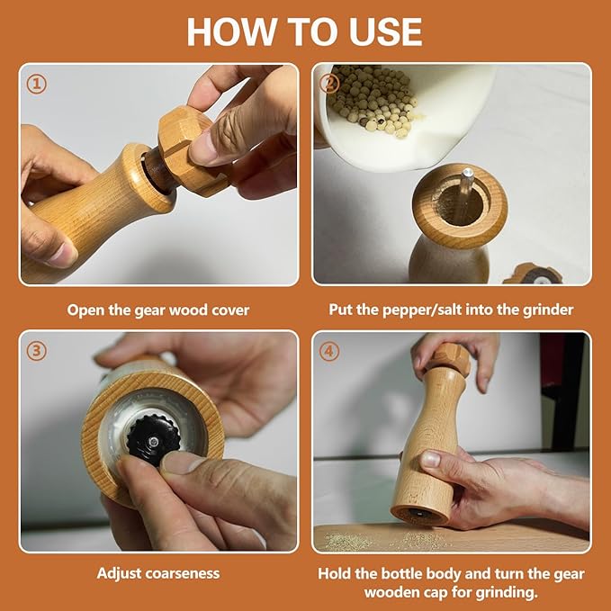 Wooden Pepper Grinder – 【Gear-Shape Knob & Effortless Grinding】8 in Salt Grinder Refillable & Pepper Mill with Adjustable Coarseness,Beech + Black Walnut, Premium Ceramic Mechanism for both kitchen