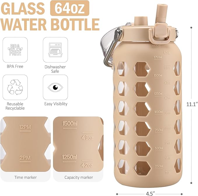 MUKOKO 64oz Glass Water Bottles with Straw and Lid,Half Gallon Water Bottle with Time Marker,Large Glass Water Jug with Silicone Sleeve and Stainless Steel Handle-Amber