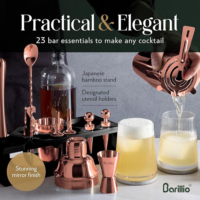 Barillio Rose Gold Bartender Kit - Stainless-Steel Cocktail Shaker Set w/Black Bamboo Stand - Mixology Bar Tools w/Drink Shaker, Mixer, Muddler for Cocktails - Home Bar Accessories - 23-Pc Bar Set