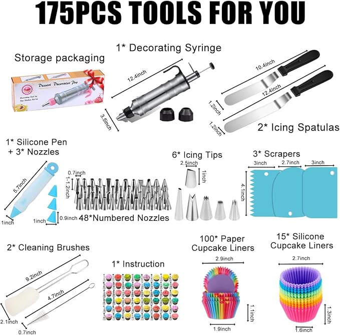 175PCS Icing Decoration Gun Set, Cake Decorating Kit with 48 Piping Tips, Baking Supplies, Icing Gun Kit, Frosting Piping Kit for Beginners, Cupcake, Baking kit, Cake Decorating Tool