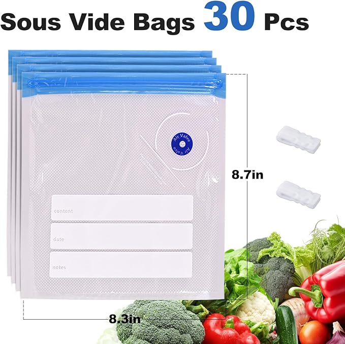 Sous Vide Bags, 30 PCS 8"X9" Reusable Vacuum Seal Bags for Food,Vacuum Zipper Sealer Bag with Sealing Clips,Sous Vide Cooking,Freezer Safe,Microwave Heating and Food Storage