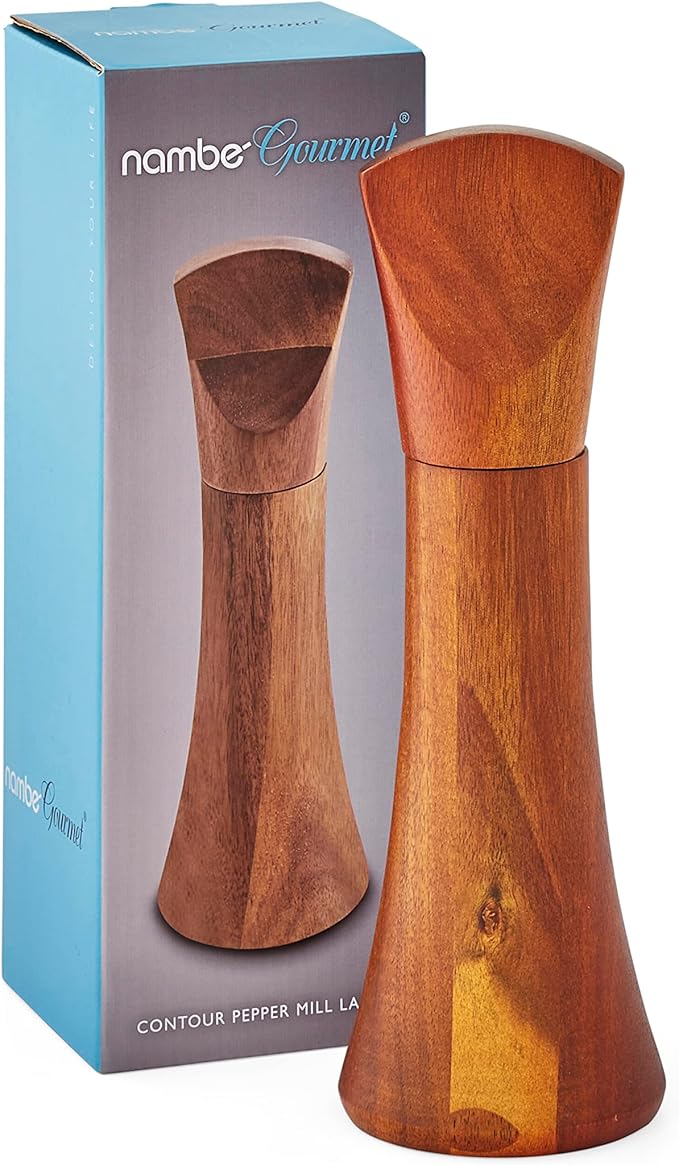 nambe Gourmet Collection Contour Pepper Mill | 9.5-Inch | Made with Acacia Wood and Ceramic Mechanism | Refillable Salt Mill Shakers | Designed by Lou Henry