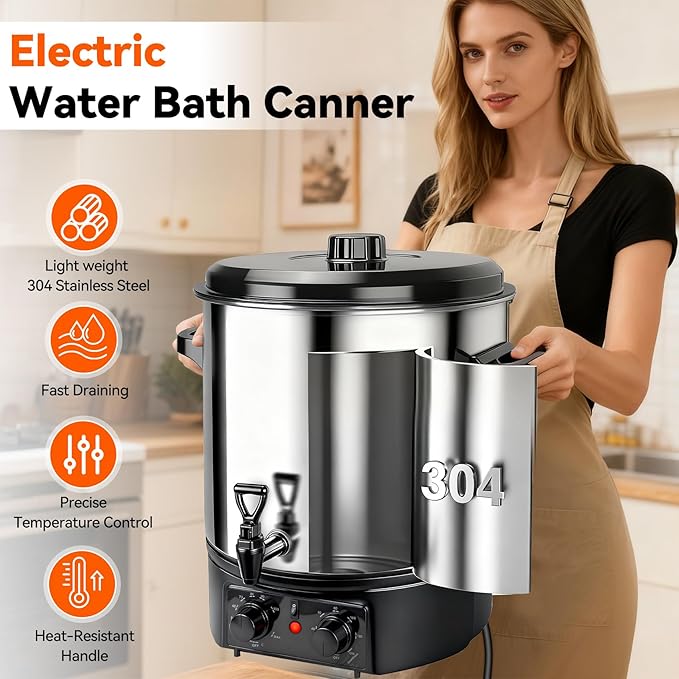 24.5QT Electric Water Bath Canner with Digital Timer & Adjustable Temperature Control | 304 Stainless Steel, Anti-Scald Handle, Overheat Alarm, Perfect for Canning, Slow Cooking, Preserving Foods