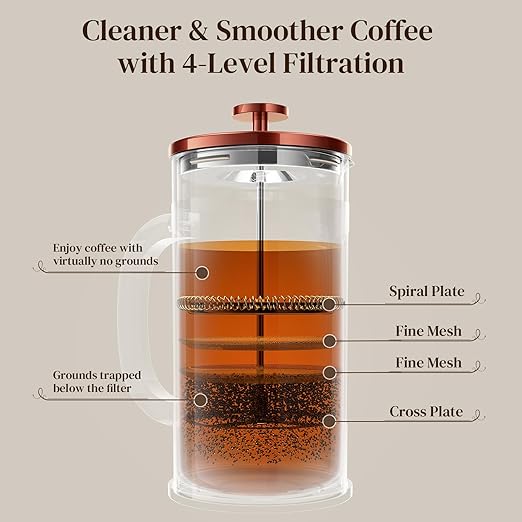 Veken French Press Coffee Maker 34oz 1 L, Heat Resistant Thickened Borosilicate Glass, No Plastic Touching Cafe, Stainless Steel Brewer, Cold Brew Cafetera Teapot for Kitchen Travel Camping, Copper
