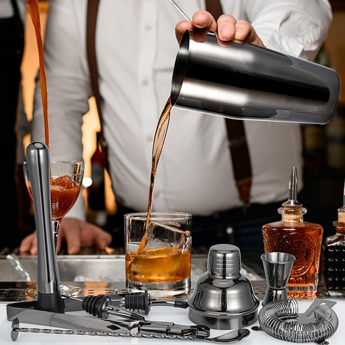Cocktail Shaker Set, Mixology Bartender Kit 10-Piece Bar Tool Set with Stylish Bamboo Stand, Bar kit: Martini Shaker Mixing Spoon Muddler Jigger Corksrew for Barware Set | Black