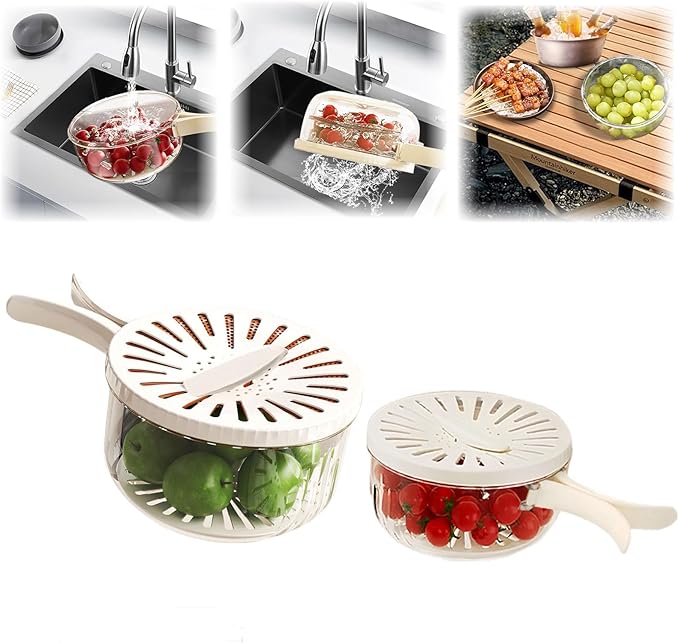 2 Pcs MultiPurpose Fruit Strainer Drain Basket with Lid & Collapsible Handle,2.85QT+1QT 2 in 1 Draining and Preservation Basket, Fruit Cleaner Bowl for Fridge Freshness and Outdoor Picnics