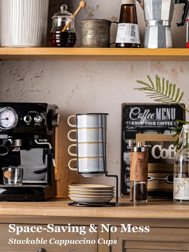 Gomakren 6 Ounce Cappuccino Cups with Saucers and Metal Stand, Stackable Coffee Cup Set of 4, Halloween Porcelain Espresso Cups for Coffee Drinks, Cappuccino, Latte, Americano, Tea, Gray