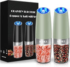 Gravity Electric Pepper and Salt Grinder Set, Adjustable Coarseness,with LED Light, One Hand Automatic Operation (Set/Light Green)