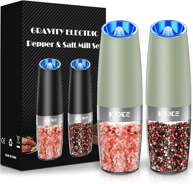 Gravity Electric Pepper and Salt Grinder Set, Adjustable Coarseness,with LED Light, One Hand Automatic Operation (Set/Light Green)