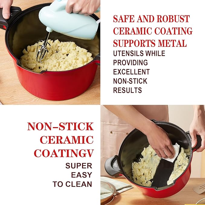 ACTIV CUISINE 8.5qt Pasta Pot with Strainer Lid, Cast Aluminum Stockpot Multipot, Nonstick Ceramic Coating make Cleanup easy with Tempered Glass Lid, Dishwasher Safe, Induction, Red