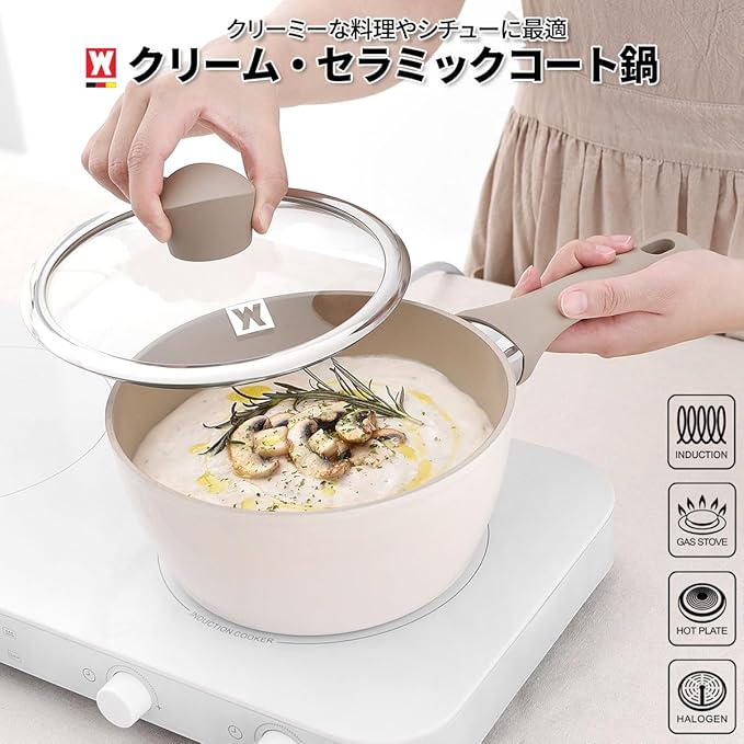 Aluminum Saucepan with Ceramic Coated Non-Stick Surface, 7-Layer Coating, Bakelite Handle and Lid Knob, Tempered Glass Lid, All Cooktops Compatible, 2.34 Liters / 2.47 Quarts