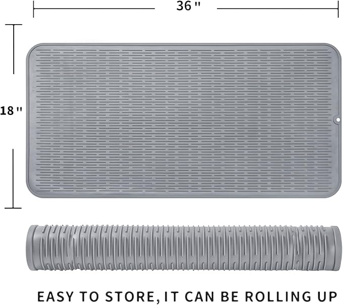 Silicone Dish Drying Mat for Multiple Usage,Easy clean,Eco-friendly,Heat-resistant Silicone Mat for Kitchen Counter or Sink,Refrigerator or Drawer Liner Grey 5XL 36inches x 18inches