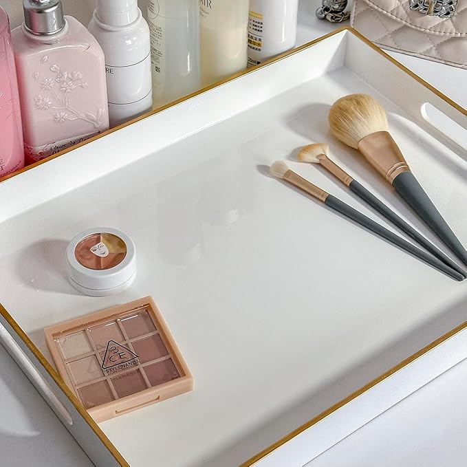 White Sturdy Acrylic Serving Tray with Handles-15.7x11.8Inch, Morden Plastic Rectangular Serving Tray for Coffee Table Bathroom, Ottoman, Home Decor