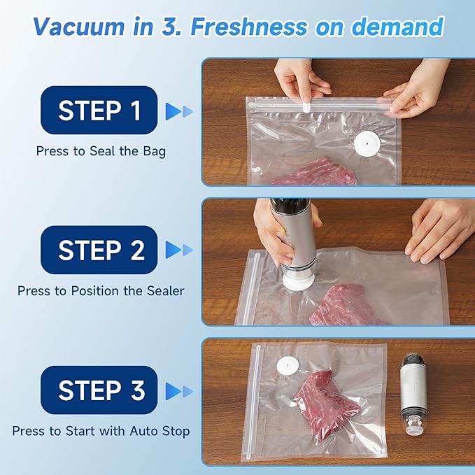 Compact Vacuum Sealer for Food (Incl. 30 Reusable Bags), Ice-Cooling Contact Portable Food Saver for Meal Prep, Camping & Kitchen Clutterealer with 60KPa Pro Suction