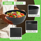 Wheat Straw Bowls Set of 6, Unbreakable Lightweight 60 OZ Salad Bowls for Kitchen and Camping, Big Plastic Bowl for Serving, Cereal, Ramen, Soup, Microwave & Dishwasher Safe, Black