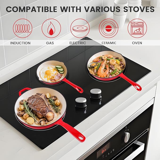 Hisencn Enameled Cast Iron Frying Pan Set, 3 Piece Set of 8''/9.5''/11'' Skillets, PFAS & PTFE & PFOA Free, Gas/Induction/Electric/Oven Compatible, Rouge Red