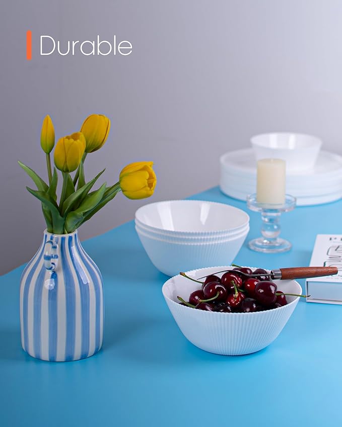 30 OZ Max Cereal Soup Bowl Set of 6, Opal Glass 7.2 inch White Ribbed Bowls for Ramen, Noodle, Salad, Fruit, Dishwasher and Microwave Safe