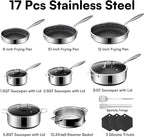 17-Piece 5 Ply Stainless Steel Cookware Set with Lids, Pots and Pans Set Non Stick, Non-Toxic, for Induction, Oven, Dishwasher Safe, RV Essentials, Kitchen Appliances