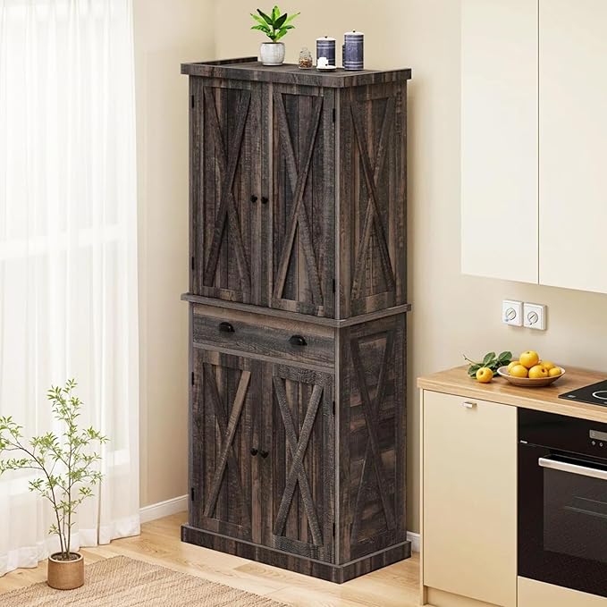 YITAHOME 72'' Tall Kitchen Pantry Cabinets, Farmhouse Storage Cabinets with Barn Doors, Drawer ＆ Adjustable Shelves, Rustic Wood Cupboard for Dining Room, Living Room, Gray Rustic