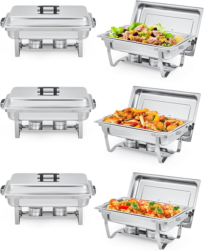 Garvee Chafing Dish Buffet Set 6 Pack, 8QT Buffet Servers and Warmers Set with Lid & Foldable Frame, Rectangular Stainless Steel Chafer Food Warmer for Parties Wedding Catering Supplies, Silver