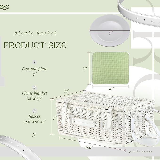 Picnic Basket Set for 4 with Waterproof Blanket Mat Insulation Bag Wicker White Green Plaid Fresh Cottagecore Gift for Wedding Birthday Summer Camp Outdoor Camping Christmas Thanksgiving