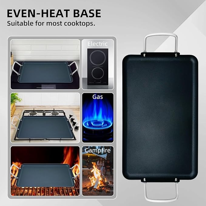 11pcs 19Inch Nonstick Taco Griddle Pan, Rectangular Cast Iron Griddle, Comales para Tortillas Cooking Pan for Stove Tops | 2 - Burner, Detachable Handles | Stove/Outdoor/Camping