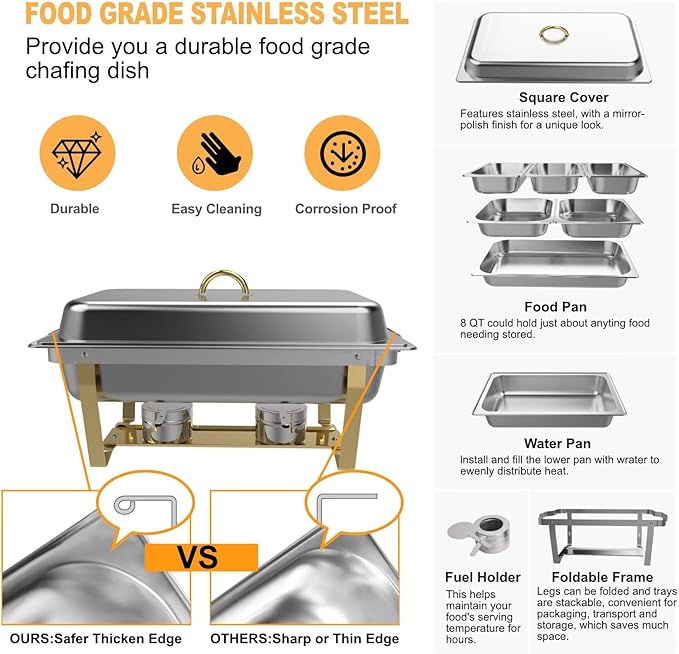Chafing Dishes for Buffet 4 Pack,Festa Essential 8QT Elegant Gold&Silver Stainless Steel Rectangular Catering Chafers Food Warmer with Full,Half,1/3 Food Pan,Fuel Holder,Foldable Frame For Any Party