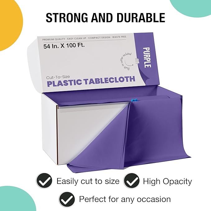 Exquisite Party Solids 54 Inch X 100 Feet Purple Plastic Table Cover Roll in A Cut - to - Size Box with Convenient Slide Cutter. Cuts Up to 12 Rectangle 8 Feet Plastic Disposable Tablecloths