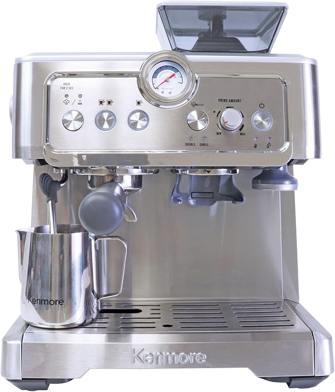 Kenmore Espresso Machine – Automatic Coffee Maker with Manual Tamper, Auto Cleaning, Milk Steamer & Frother, Bean Grinder, Brew Professional Barista Style Cappuccino, Café Latte