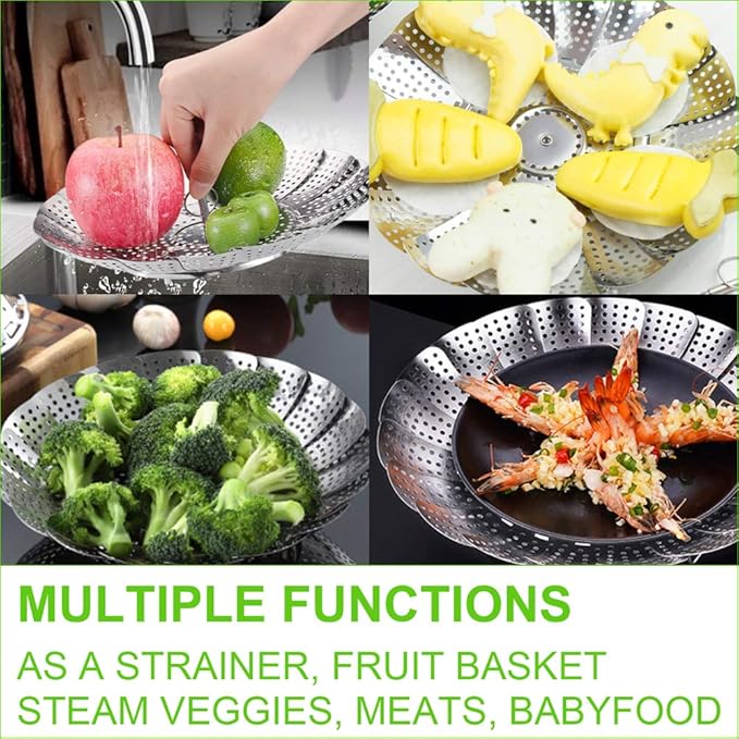 Vegetable Steamer Basket for Cooking, Stainless Steel Veggie Fish Food Steamer Basket, Folding Expandable Steamers to Fit Various Size Pot