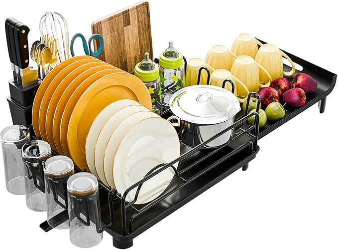 Simple Trending Extendable Dish Drying Rack, Multifunctional Dish Drainers for Kitchen Counter, Dish Strainer with Cutlery & Cup & Utensil Holder, Black