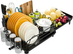 Simple Trending Extendable Dish Drying Rack, Multifunctional Dish Drainers for Kitchen Counter, Dish Strainer with Cutlery & Cup & Utensil Holder, Black