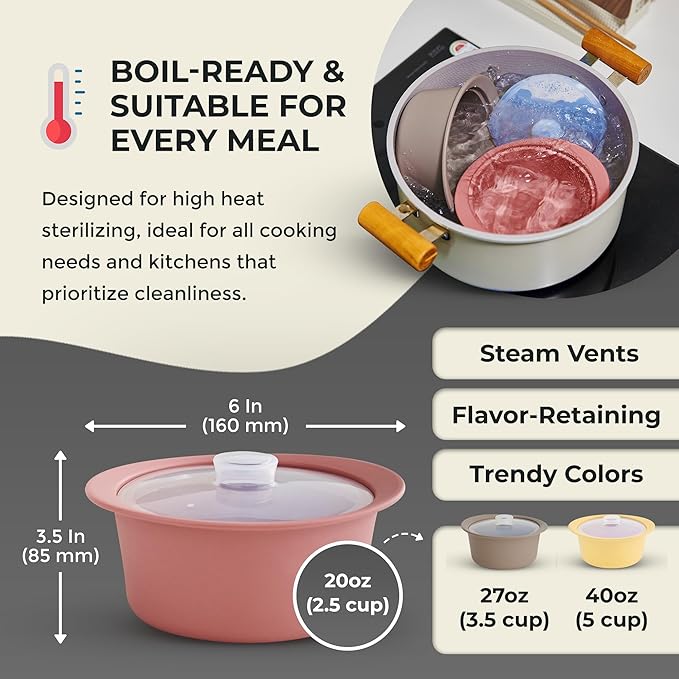 20oz Platinum Silicone Microwave Steamer Pot with Handle & Lid - Korean 100% Food-Grade Steamer Bowl, Heat-Resistant Cooker with Steam Holes, Easy Clean, Dishwasher Safe, Dry Rose