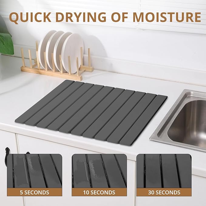 Large Stone Dish Drying Mat for Kitchen Counter, 24"×16" Quick Dry Collapsible Diatomaceous Earth Mat – Super Absorbent Foldable Drying Pad for Dishes (Dark Gray, 23.2" x 15.4")