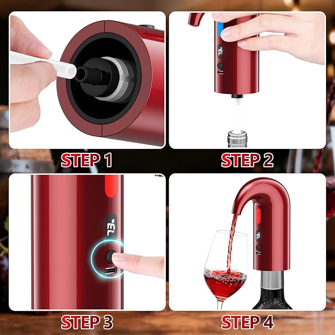 Electric Wine Aerator & Dispenser – 1-Touch Instant Aeration, Precision Pouring & Temp Display – USB Rechargeable Gift Edition for Parties, Holidays & Wine Lovers (Red)