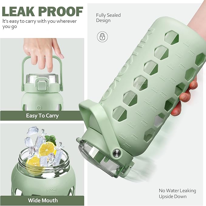 MUKOKO Half Gallon/64 oz Glass Water Bottles with Straw and Lid,Motivational Water Jug with Time Marker Reminder and Silicone Sleeve,100% Leakproof BPA Free Fitness Sports Large Bottle-Green