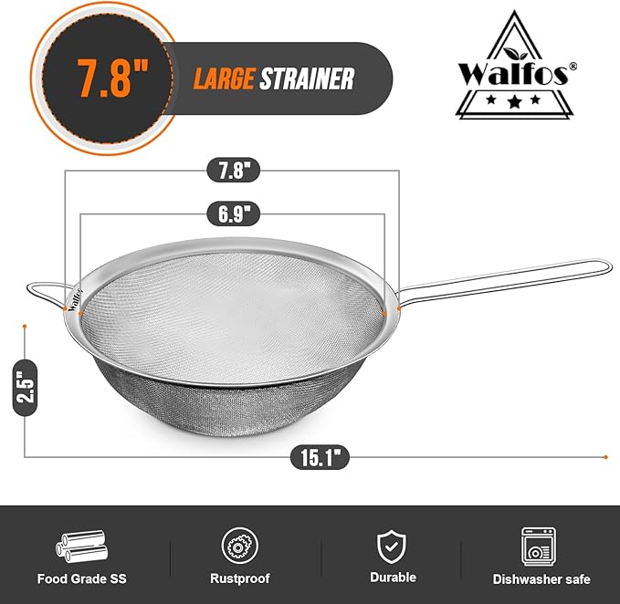 Walfos 7.8 Inch Fine Mesh Strainer, Premium Stainless Steel Colanders and Sifters, with Reinforced Frame and Sturdy Handle, Perfect for Sift, Strain, Drain and Rinse Vegetables, Pastas and Tea