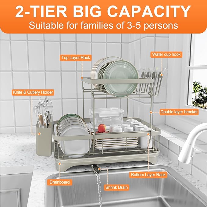 Dish Drying Rack for Kitchen Counter,Two-Tier Dish Rack with Utensil Holder, Auto-Draining Dish Racks, Large Capacity Dish Drainer Organizer for Plates, Bowls, Cups with Drainboard Grey