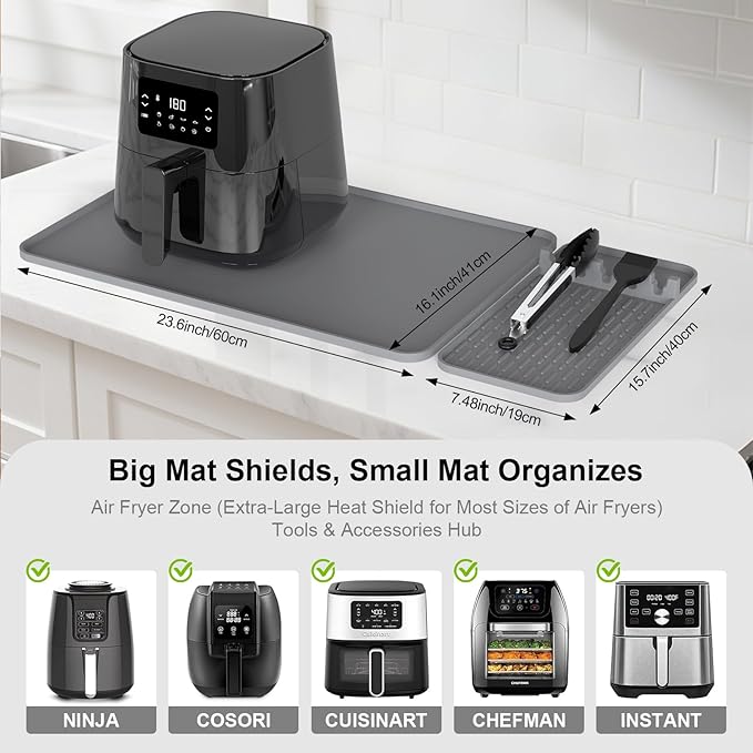 Silicone Heat Resistant Mats for Countertop,24x16 Inch Air Fryer Mat with Kitchen Accessories Holder Pad for Microwave/Oven,Compatible with Ninja/Cosori/Chefman/Toshiba,Kitchen Countertop Protector