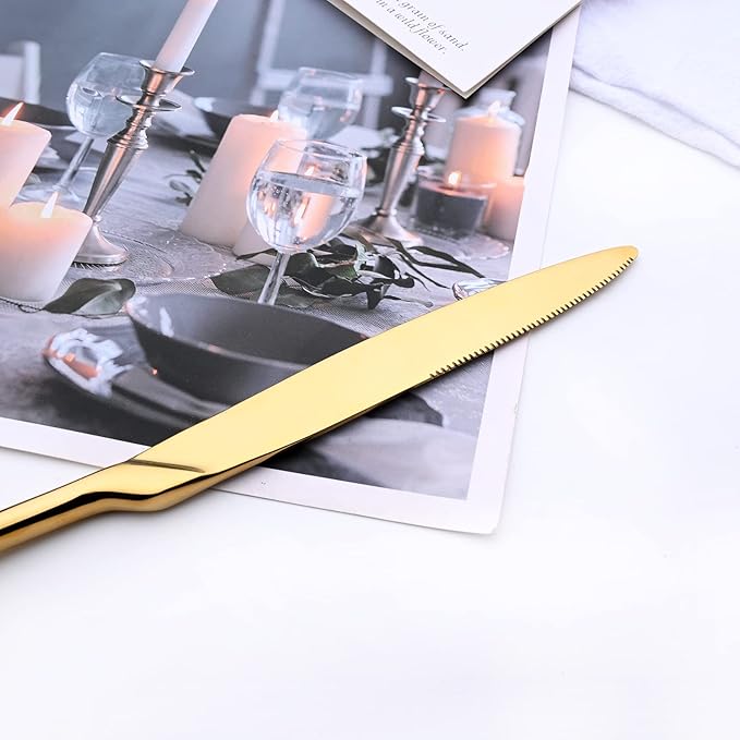 Gold Tableware 20Pcs Mirror Polished 18/10 Stainless Steel Luxury Flatware - Heavy Cutlery Set Service For 4 Include Knives/Forks/Spoons/Salad Fork/Teaspoon, Dishwasher Safe