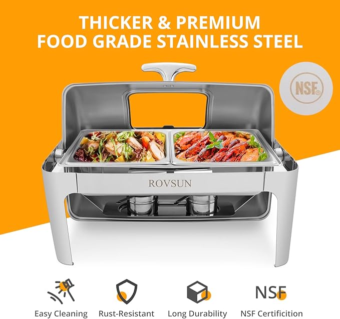 ROVSUN 3 Pack Roll Top Chafing Dish Buffet Set,9 Quart Rectangular NSF Stainless Steel Chafer for Catering,Buffet Servers and Warmers Set with Glass Window for Wedding, Party, Banquet, 2 Half Size